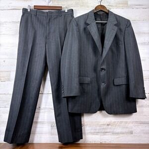 Kingsridge Pinstripe Suit Mens 40R 32x29 Gray Flat Front 2 Button Wool Old Money